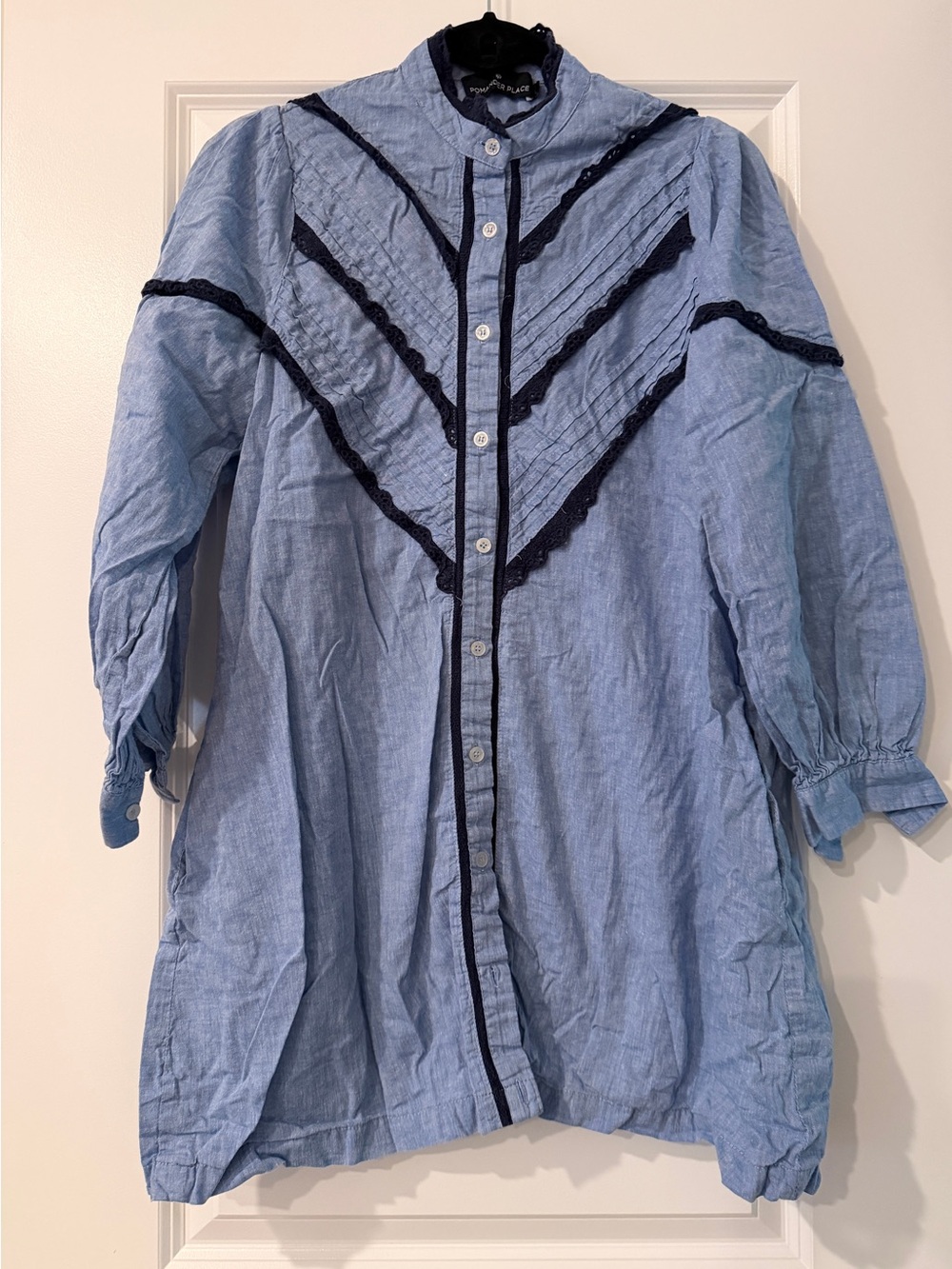 Pomander Place Light Blue Top with Navy Trim